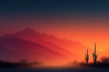 Obraz premium Vibrant sunset over desert landscape with silhouettes of cacti and distant mountains