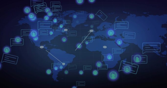 Displaying glowing world map overlaying digital interface, with avatar icons and connecting lines - Powered by Adobe