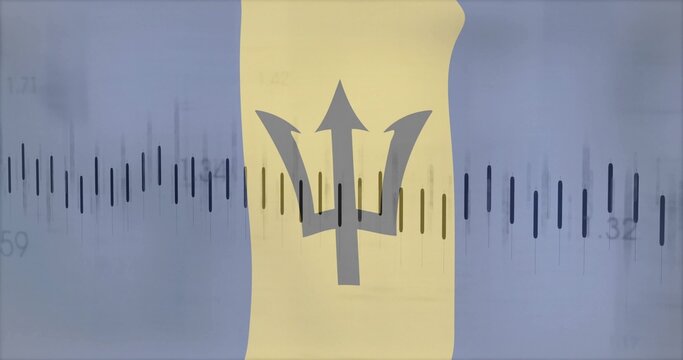 Naklejki Blending black trident symbol over Barbados flag stripes, featuring bar charts and numeric labels
