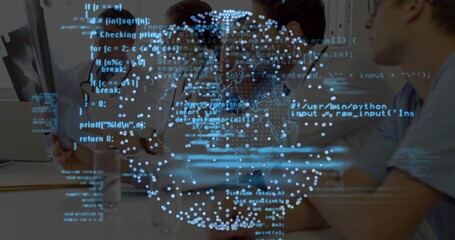 Reviewing docs and code overlay, five-person team meeting in office with laptops, water glasses