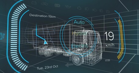Showing wireframe truck and trailer in 3D grid, with circular mode selector UI and speedometer