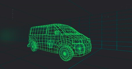 Displaying green wireframe van model in virtual modeling studio, with grid lines