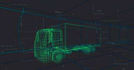 Spinning neon green semi-truck wireframe inside 3D grid tunnel, featuring floating binary code
