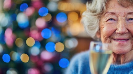 Celebration of joy with senior woman enjoying drink by Christmas tree lights