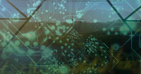 Displaying cyan-green circuit traces and nodes over calm lake at sunrise, with diagonal grid lines