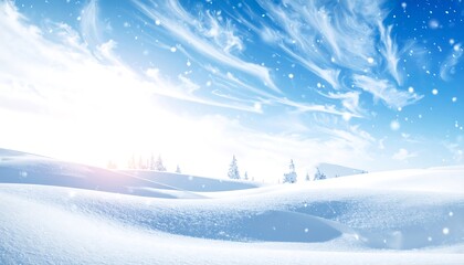 Winter landscape with snow-covered hills, vibrant sky, and soft sunlight