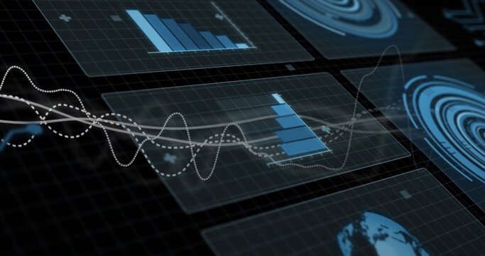 Translucent panels hovering above grid showing blue bars, waveforms, radial charts and globe icon