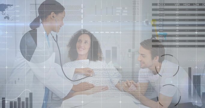 Examining doctor using stethoscope on pregnant patient in exam room, with overlaid digital graphics