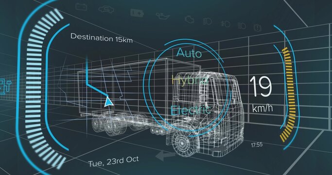 Fototapeta Showing wireframe truck and trailer in 3D grid, with circular mode selector UI and speedometer