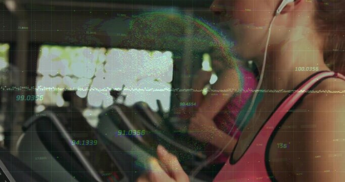 Running woman wearing pink tank top and earphones on gym treadmill with data overlay, copy space