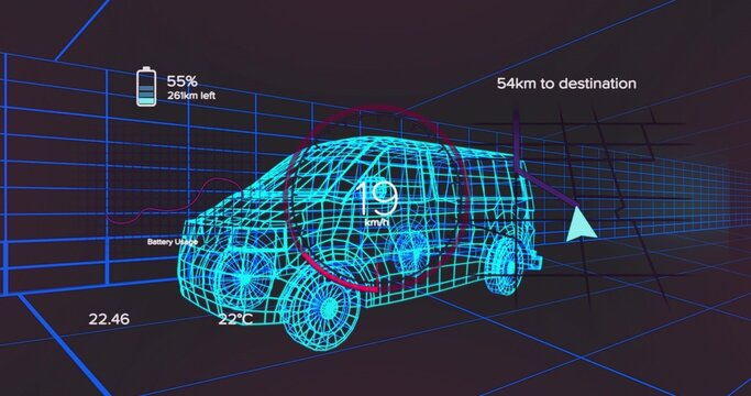 Displaying bright cyan wireframe van model floating within grid environment, with HUD overlays