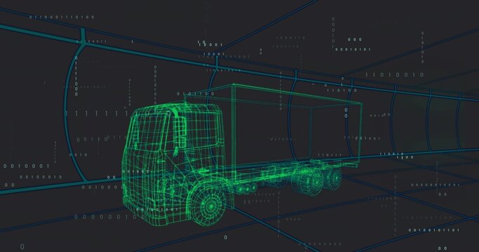 Fototapeta Spinning neon green semi-truck wireframe inside 3D grid tunnel, featuring floating binary code
