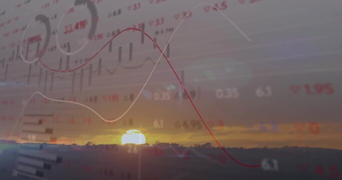 Fototapeta Displaying golden sun rising above hills at dusk silhouetted trees overlaying financial data graphs