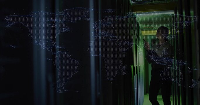 Network tech scanning server racks with tablet in data center corridor, map overlay, copy space