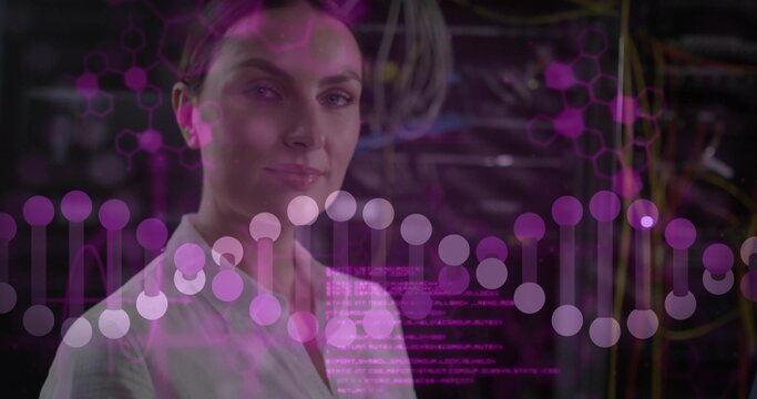 Analyzing IT specialist in white blouse inspecting DNA helix overlays among server racks and cables