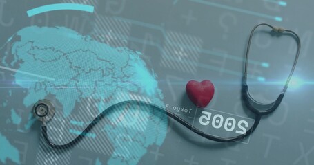 Displaying black stethoscope, red heart model on grey tabletop, overlaying digital map and codes