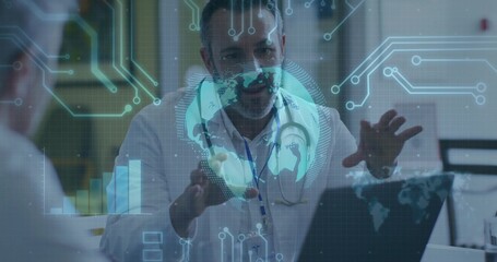 Doctor wearing white coat, stethoscope consulting patient in clinic, with laptop hologram globe