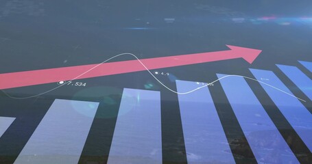 Displaying ascending blue bars and white line graph with data points on dashboard, with red arrow