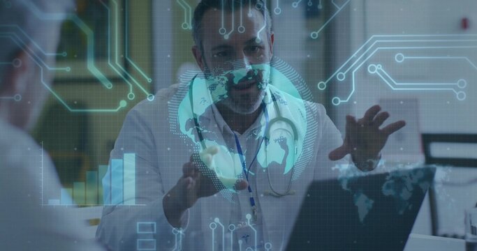 Doctor wearing white coat, stethoscope consulting patient in clinic, with laptop hologram globe