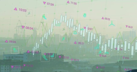Displaying port analytics overlay at industrial harbor, with container cranes, charts and icons