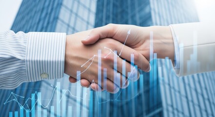 Business handshake with financial graph overlay