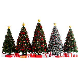 Five decorated Christmas trees, each with star topper, sit atop red presents
