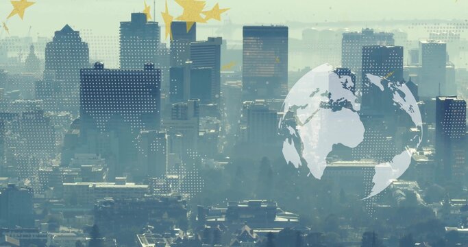 Displaying semi-transparent globe hovering over hazy city skyline with dotted pixels, golden stars