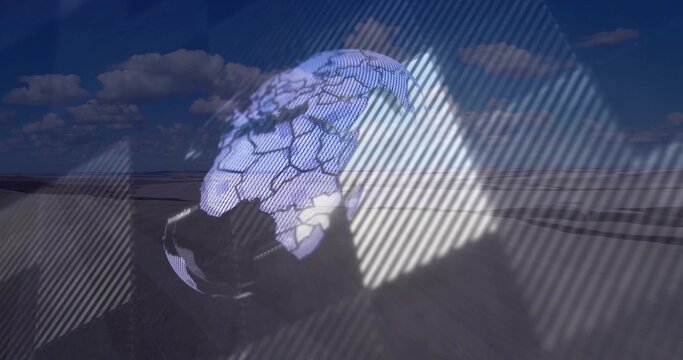 Showing holographic globe above dunes, overlaying triangular grid and diagonal stripes among clouds