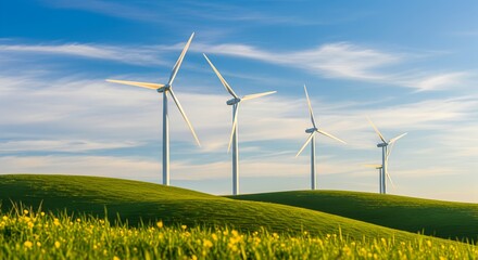 Wind Turbines on Green Hills Under Blue Sky