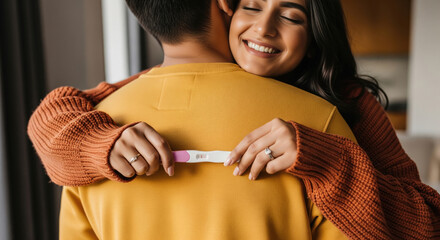 Joyful Woman Hugging Partner Celebrating Positive Pregnancy Test News