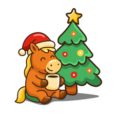 Christmas sticker featuring a cartoon happy Santa Claus horse wearing a New Year's hat, sitting near a Christmas tree and drinking from a mug on an isolated background. Happy New Year 2026 card
