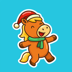 A Christmas sticker featuring a cartoon happy Santa Claus horse wearing a New Year's hat on an isolated background. Happy New Year 2026 card