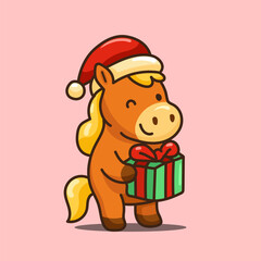 Christmas Sale sticker featuring a cartoon Santa Claus horse carrying a gift box in a New Year's hat on an isolated background. Happy New Year 2026 card