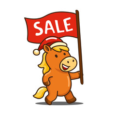 Christmas Sale Sticker: Cartoon Santa Claus, a horse carrying a flag in a New Year's hat, on an isolated background. Happy New Year 2026 card