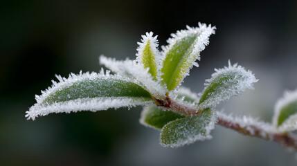 Close-up of frosted green leaves on a branch in winter