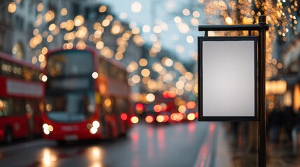 Blank billboard in the middle of a street in winter, Christmas season, with a London street in the background