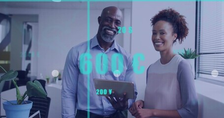 Two professionals in business attire analyzing tablet in office, with digital currency symbols