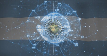 Obraz premium Displaying holographic globe projecting data network in virtual space, with sun emblem and numbers