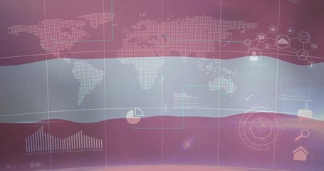Displaying interface with dotted world map over pink waves featuring pie chart and house icon