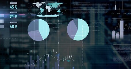 Dashboard overlaying dusk skyline, presenting world map and charts with percentages and trend lines