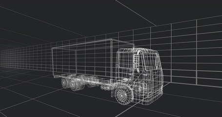 Floating wireframe cargo truck model occupying 3D workspace, with grid floor, walls and ceiling