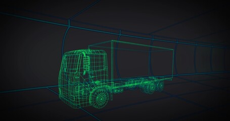 Displaying 3D wireframe cargo truck glowing green inside blue grid-lined round tunnel, neon scene