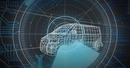 Rendering wireframe 3D SUV in dark grid interface with HUD overlays, circuit lines projection cone