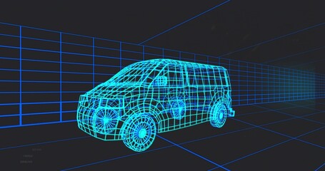 Displaying wireframe van sitting on floor in 3D modeling space, with grid walls and ceiling grids