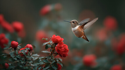 Hummingbird in flight near vibrant red roses in a lush garden setting