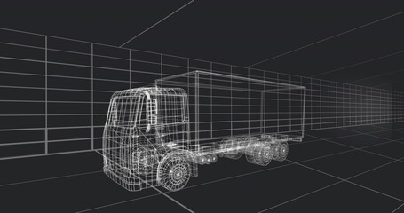Displaying wireframe box truck model in 3D modeling workspace, showing grid floor walls ceiling
