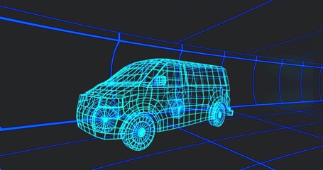 Showing 3D wireframe van model moving through virtual tunnel, highlighting glowing cyan grid lines