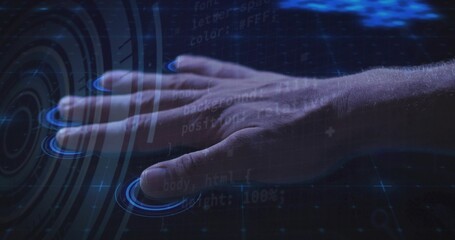 Hovering hand activating holographic interface on dark surface, glowing sensors and grid lines