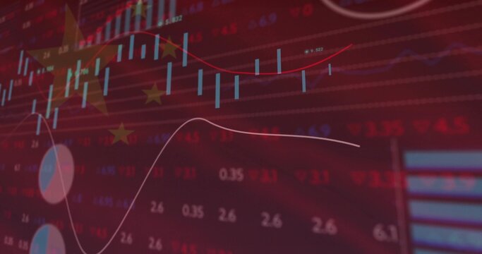 Naklejki Showing China stock chart moving on trading screen, with candlestick bars and Chinese flag stars