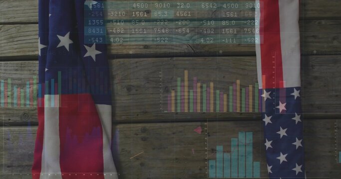Naklejki Displaying American flag sections draping over wooden planks, overlaying data tables and bar charts